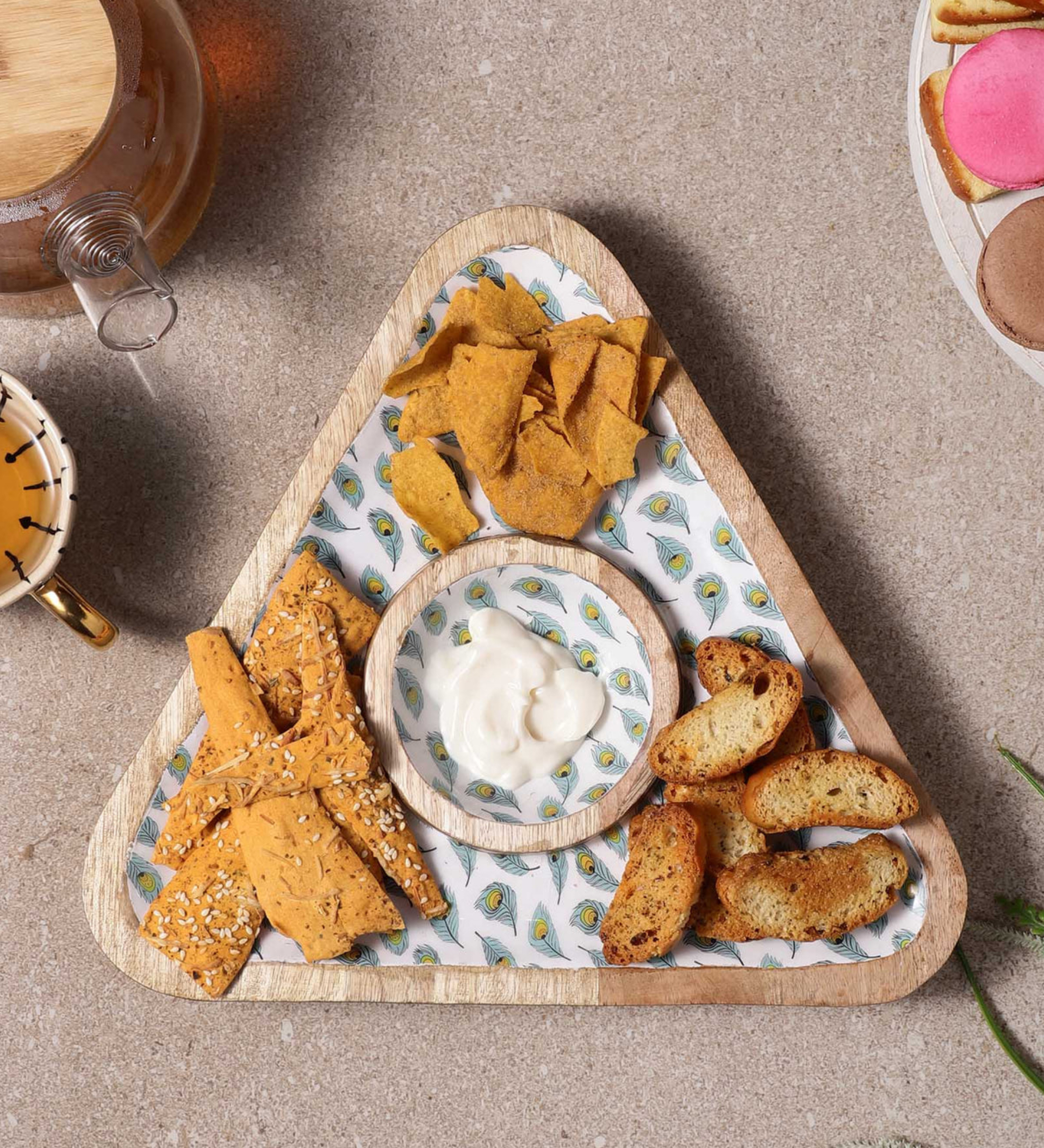 Wooden Triangular Dip bowl Platter (White Peacock Feather)